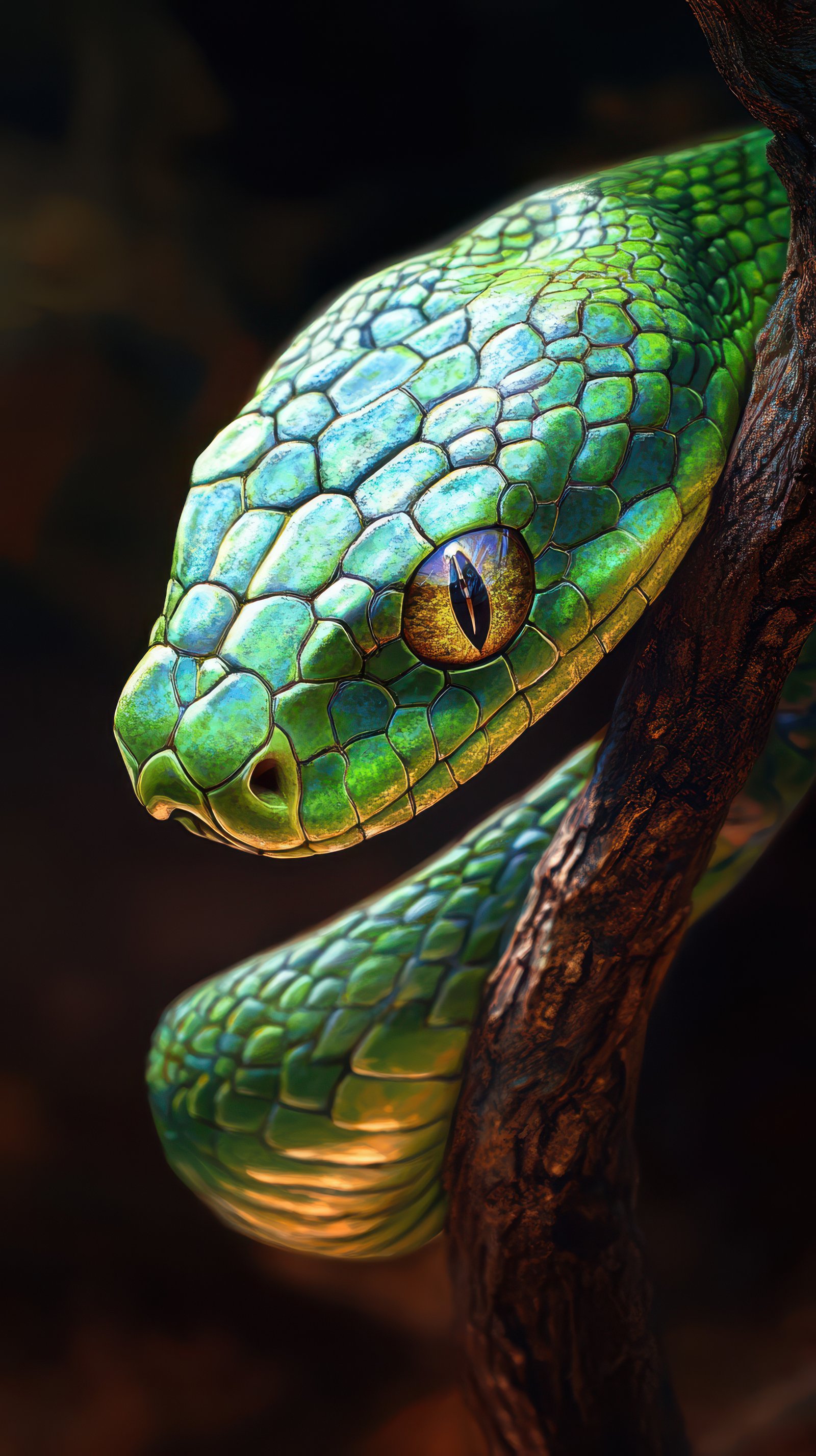 Colorful green snake resting on a tree branch in the jungle during daytime